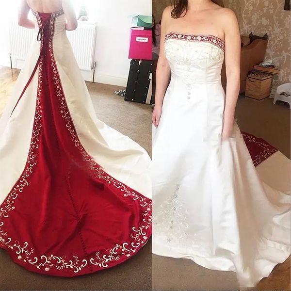 Vintage vermelho e branco cetim uma linha vestidos de casamento 2024 imagem real plus size bordado frisado vestidos de noiva para jardim país vestido de casamento