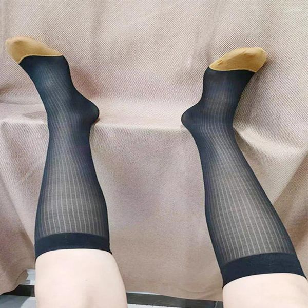 Herrensocken für Herren, sexy, kniehoch, lang, gestreift, aus Seide, transparent, durchsichtig, atmungsaktive Strümpfe für lässige Mode, 1 Paar