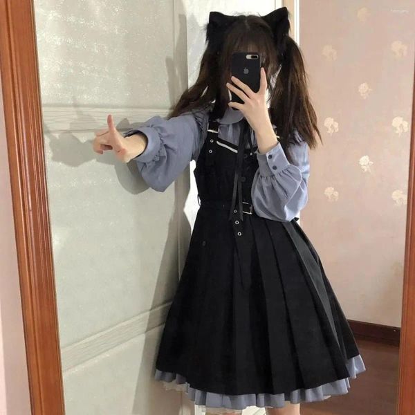 Lässige Kleider Frühling Herbst Zweiteiliger Anzug Lolita College-Stil Puppenkragen Rüschen Blaues Faltenkleid Weiblicher Student Kawaii Schwarzer Riemen