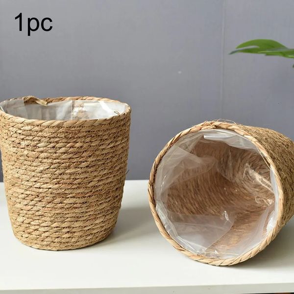 1 pçs artesanal vime rattan cesta plantador cestas de armazenamento jardim vaso de flores com forro à prova dwaterproof água decoração para casa paisagem 240304