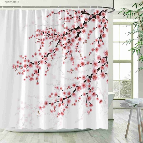 Tende da doccia Tende da doccia floreali rosa Fiore di ciliegio Fiore rustico Pianta Tenda da bagno in stile giapponese Tessuto in poliestere Decorazioni per il bagno Ganci Y240316