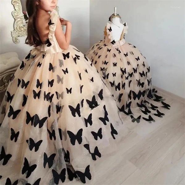 Vestidos de menina champanhe tule flor inchada com borboletas pretas trajes de aniversário pografia vestido de meninas feito sob medida