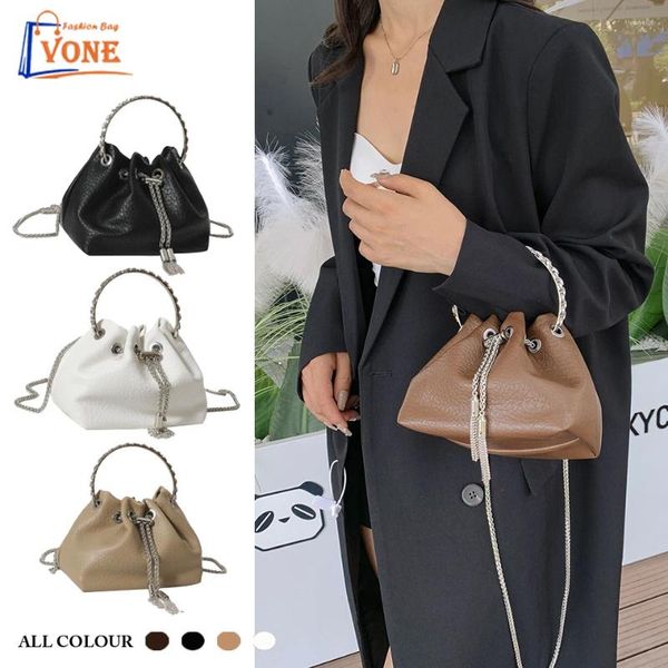 Сумки на плечо, женская сумка с железной ручкой, высококачественная текстурная цепочка, одна сумка через плечо, модное мини-ведро с кисточками и жемчугом