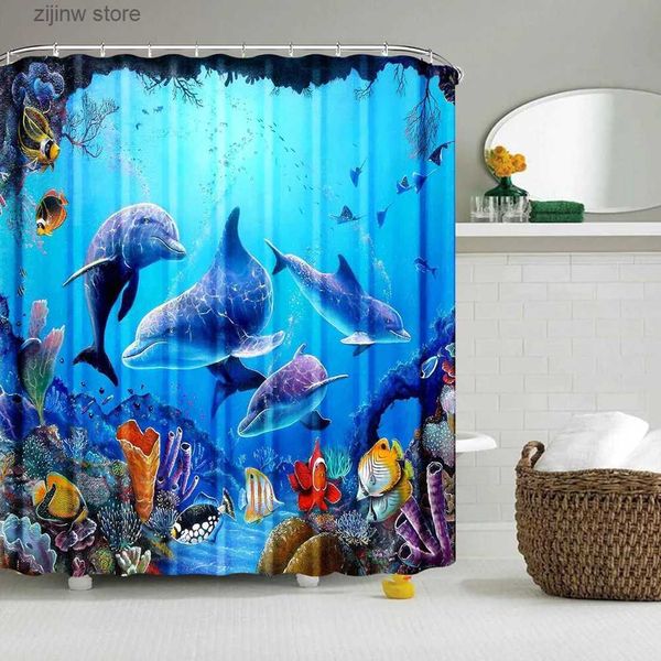 Tende da doccia Tende da doccia Dolphin blu mondo sottomarino vita oceanica tessuto in poliestere set di decorazioni per il bagno a tema oceano per bambini con 12 ganci Y240316