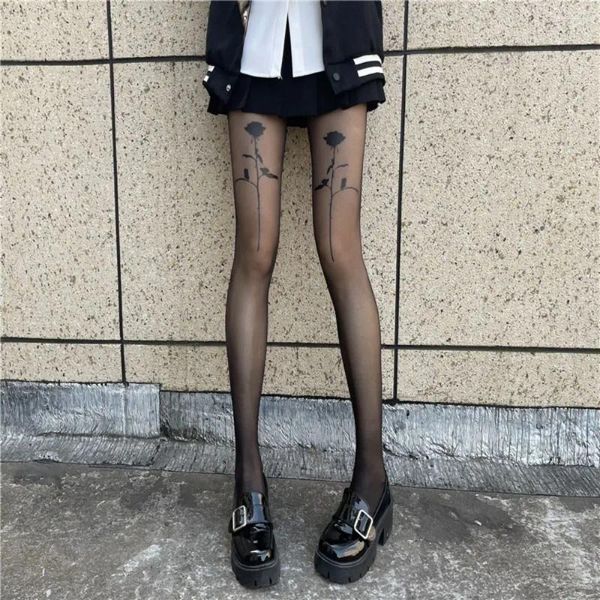 Frauen Socken Japanische Party Seide Anti-haken Lolita JK Weibliche Strümpfe Rose Muster Strumpfhosen Ultra-dünne Strumpfhosen