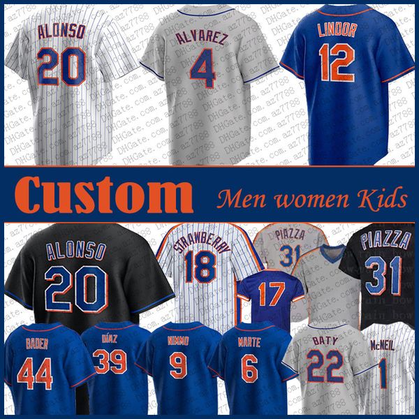 Francisco Lindor Pete Alonso Camisa de beisebol personalizada do Ny Mets Brandon Nimmo Francisco Alvarez Brett Baty Starling Marte Harrison Bader Darryl Strawberry Mike Piazza