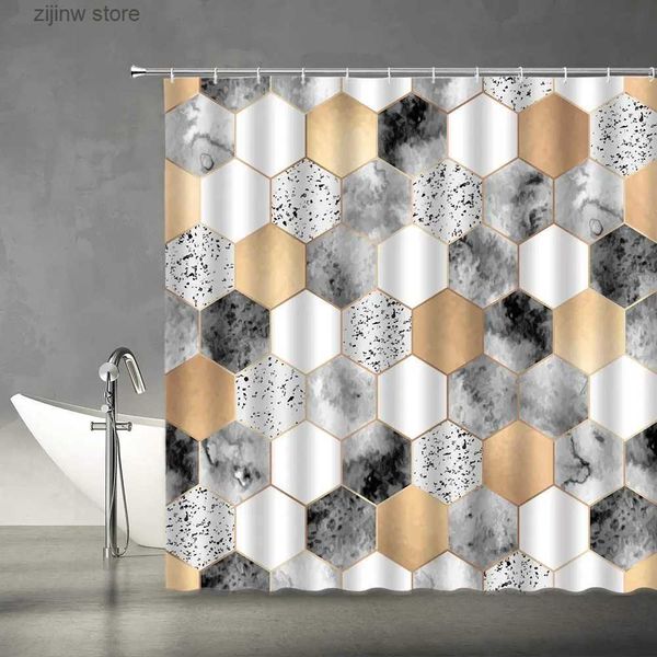 Cortinas de chuveiro geométricas mármore cortinas de chuveiro abstrato hexágono padrão textura ombre branco amarelo cinza moda moderna tecido decoração do banheiro y240316
