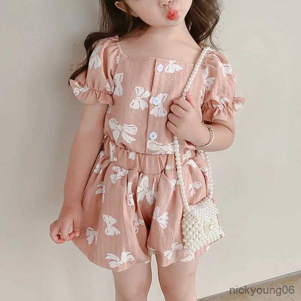 Kleidungssets Sommer Mädchen Anzug Fliege Druck Quadratischer Ausschnitt Bluse + Shorts 2 Stücke Kleinkind Baby Kinder Kleidung Kinder Kleidung Sets