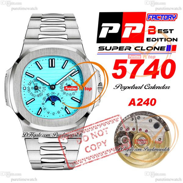 5740 Ewiger Kalender A324SC Automatik-Herrenuhr PPF Sky Blue Texture Dial Stick Markers Edelstahlarmband Super Edition Reloj Hombre Puretimewatch PTPP