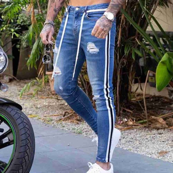 Calças de brim masculinas listras para jeans bicicleta jeans magros homens estiramento calças jeans cintura elástica tamanho grande europeu M-3XL casual sandbeach calças masculinas l2403