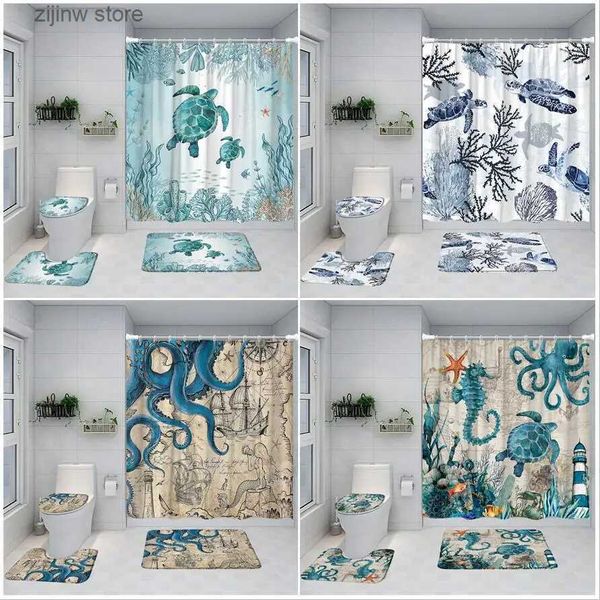 Cortinas de chuveiro Octopus Sea Turtle Conjunto de cortina de chuveiro Ocean Life Seahorse Starfish Mapa náutico vintage Decoração de banheiro Tapete de banho Tampa de vaso sanitário Y240316