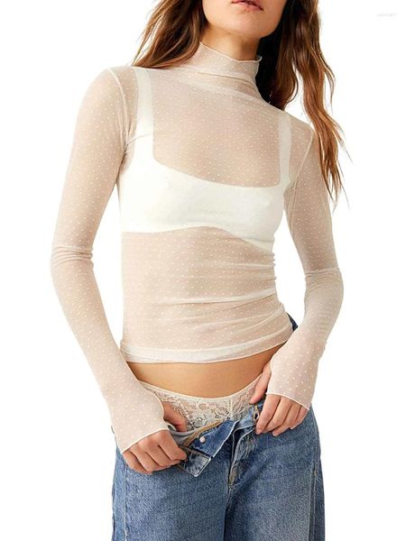 Kadın Tişörtleri Kadın Seksi şeffaf tişörtler yaz uzun kollu balıkçı yakalı İsviçre noktaları görkemli ince fit üstleri kadın kış dip gömleği