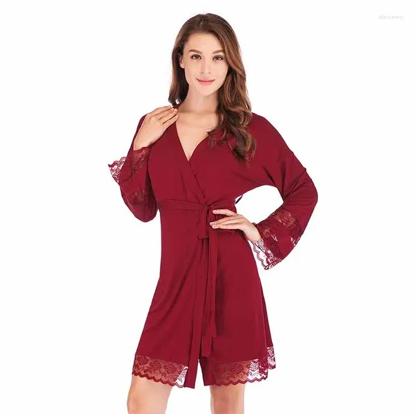 Pijamas femininos rendas robe macio modal roupão de cor sólida cardigan manga comprida camisola solta casual íntimo quimono