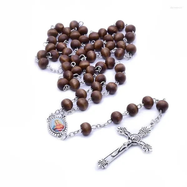 Collane con ciondolo QIGO Collana con rosario in legno marrone Collana con croce di Cristo Collana cattolica Religiosa Preghiera Gioielli per uomo Donna