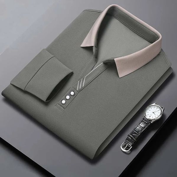 Herbst Herren Langarm Poloshirt Business Casual Slim Elastic Top Mode Scherenkragen Einfarbig 240314