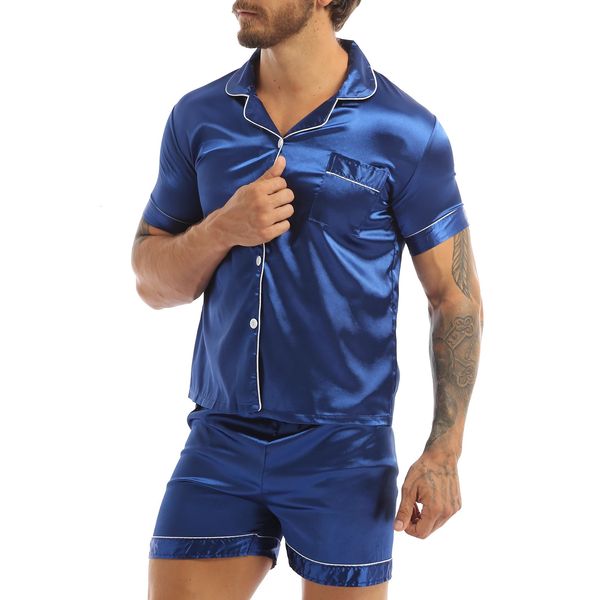 Модный мужской шелковистый атласный пижамный комплект, сплошной цвет, футболка с короткими рукавами и пуговицами, топы с эластичным поясом, шорты-боксеры, одежда для сна 240304