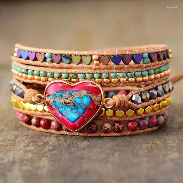 Braccialetti avvolgenti in pelle a forma di cuore classici con gioielli con bracciale in perline di diaspro misto pietra