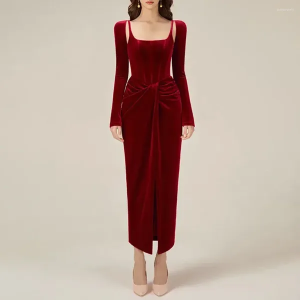 Повседневные платья 2024, осенние женские винно-красные, черные бархатные кулончики, сексуальное облегающее длинное платье с квадратным вырезом, элегантное вечернее платье знаменитостей