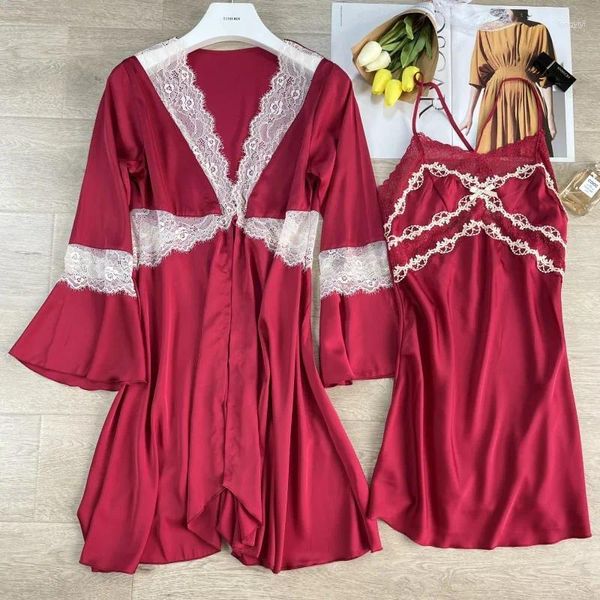 Damen-Nachtwäsche, V-Ausschnitt, Spitzenkante, Robe, Kleid, Schlafanzug, Nachtkleid, Damen-Kimono, Heimkleidung, sexy Seide, Schlafkleid, Mini, 2-teilig, Lounge