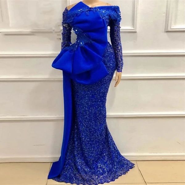 Ebi Vintage Aso Royal Blue Prom Kleider Meerjungfrau Langarm Spitze Appliques Perlen Frauen Abendkleid Plus Größe Nigeria Party Kleider