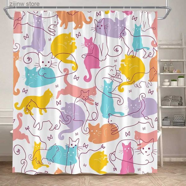Cortinas de chuveiro gatos engraçados cortinas de chuveiro animais dos desenhos animados arte abstrata moderna crianças cortina de banho poliéster tecido decoração do banheiro com ganchos y240316