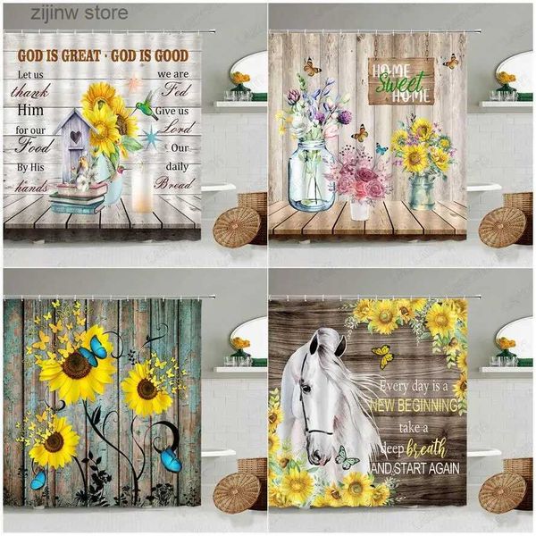 Cortinas de chuveiro vintage placa de madeira flores cortina de chuveiro fazenda animal cavalo borboleta beija-flor girassol floral planta tecido decoração do banheiro y240316