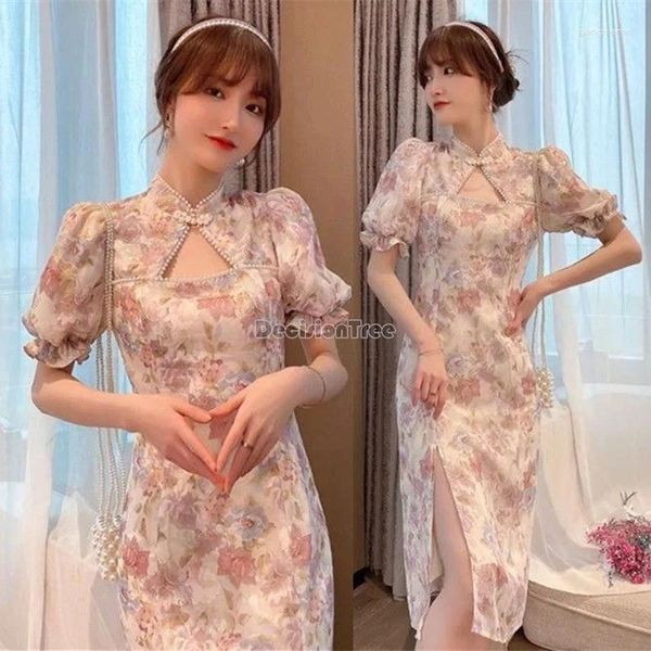 Roupas étnicas 2024 Chinês Retro Cheongsam Versão Modificada do Vestido Mulher Verão Manga Inchada Cintura Estilo Floral Oriental Vestido