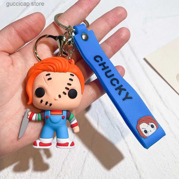 Schlüsselanhänger Lanyards Horrorfilm Childs Play Chucky Doll Schlüsselanhänger PVC-Schlüsselanhänger Anhänger Figur Spielzeug Puppen Y240318