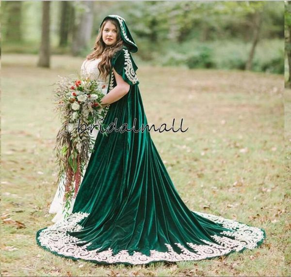 Capa de casamento de veludo verde escuro de inverno com capuz, apliques de renda, capa longa de noiva, bolero, acessórios de casamento 9857641