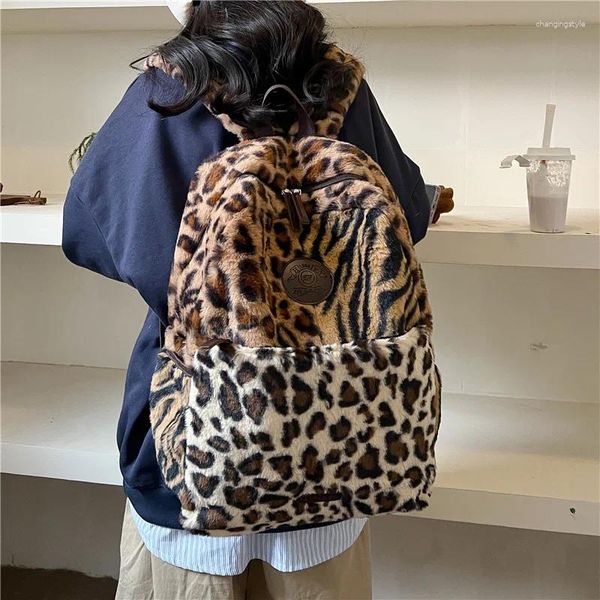 Sacos escolares de pelúcia leopardo impressão feminina mochila grande capacidade mochila para adolescentes meninas viagem feminino bolsa ombro bagpack