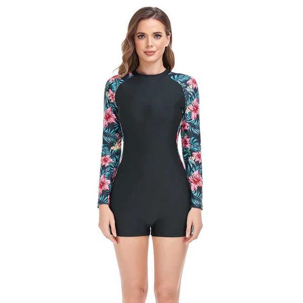 Mulheres Swimwear 2023 Mulheres Long Sle Rashguard Swimwear Boyshort One Piece Rash Guard Surf Senhoras Maiôs Zip Up UPF 50+ - Terno de mergulho C24315