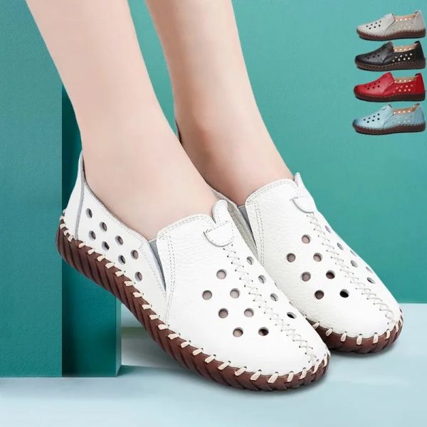 Botas sapatos de verão de outono branco para mulheres planos de balé de couro genuíno mocassins mocassáveis panotes planos respiráveis mulheres sapatos de pés largos