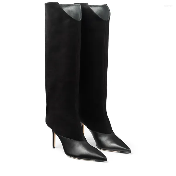 Botas cinza preto pele de carneiro costura mulheres couro saltos finos borracha tacones para mujer deslizamento-on apontado dedo do pé pu bottes hautes