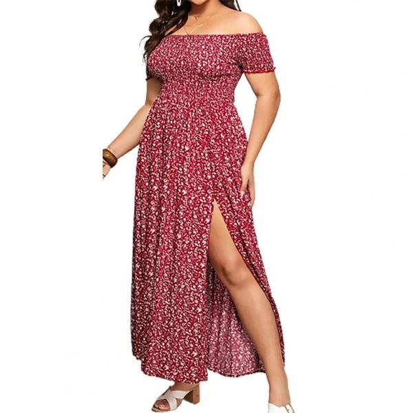 Elástico no peito envolto boho vestido feminino plus size manga curta cintura alta divisão flowy hem fora do ombro floral impressão maxi 240312