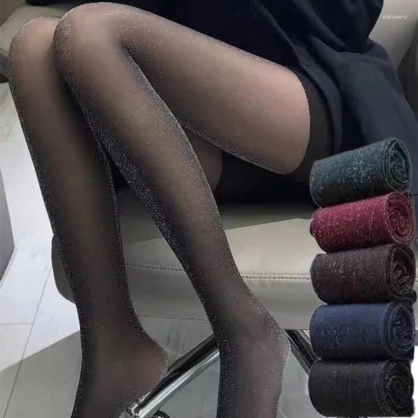 Calzini da donna Collant sexy di seta lucida Collant trasparenti per la biancheria intima Glitter calze luminose Calze da donna slim coscia alta