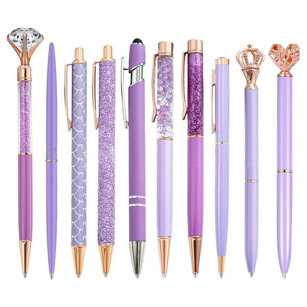 10 pezzi Set di penne di colore viola Penna a sfera con diamanti Studente Ufficio affari Penna in metallo Set di penne regalo di lusso Forniture scolastiche per ufficio 240307