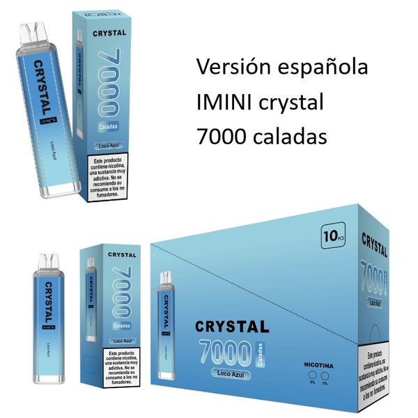 Orijinal Imini Crystal 7000 Puflu İspanyol Ambalaj Tek Kullanımlık E Sigara Tedarikçisi Shenzhen İndirimli Fiyat Vape Şarj Edilemez 1300 MAH% Meksika İspanya Bolivya
