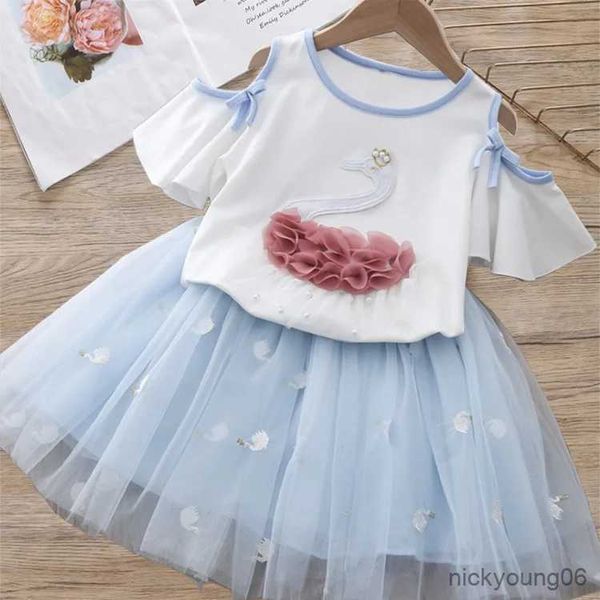 Set di abbigliamento 2021 Set di abbigliamento per ragazze di estate Denim Fiore ricamato bavero Top + gonna in filato netto 2 pezzi vestito principessa bambino bambini vestiti per bambini