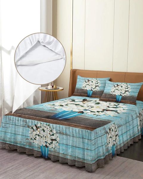 Gonna da letto Copriletto con angoli in legno vintage con fiore di magnolia bianco e federe