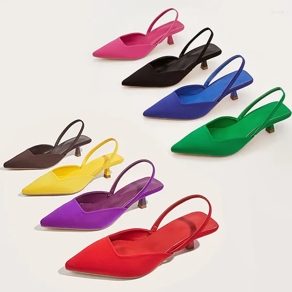 Sandálias 2024 Verão Moda Voltar Strap Bombas Vermelho Verde Roxo Amarelo Azul Apontado Toe Slingback Sapatos Marca 3cm Baixo Salto Alto