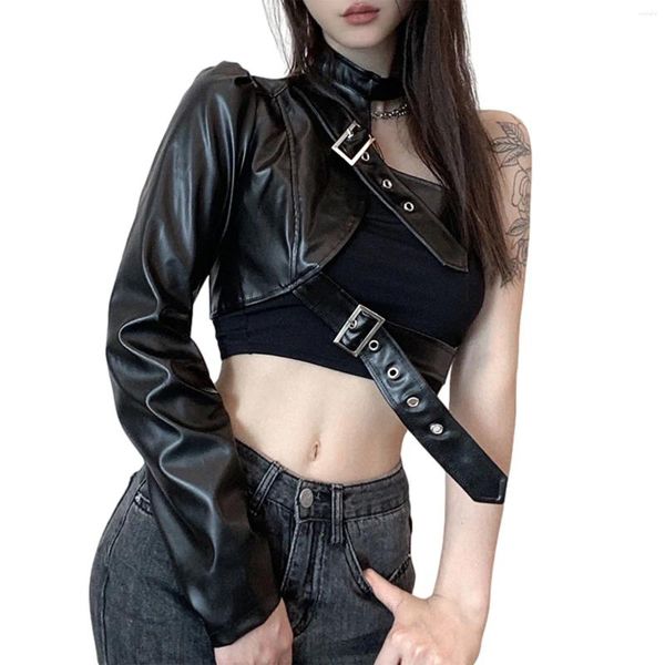 T-shirt da donna Top corto stile punk da donna Cool Single manica lunga collo appendiabiti cintura in pelle abbigliamento collegato