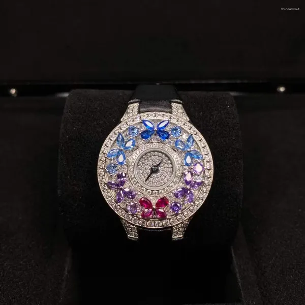 Relógios de pulso 32mm Mulheres Borboleta Relógio Gota Relógio Diamante Azul Verde Vermelho Cubic Zircon Real Relógio de Pulso de Couro para Senhoras