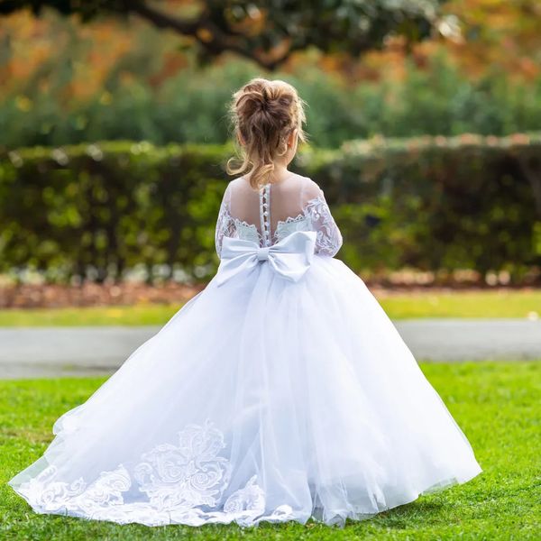 Abito da sposa per ragazze di fiori in pizzo tulle lungo strascico principessa agrifoglio comunione abito da battesimo per bambini spettacolo festa vestiti ragazza ballo 240309