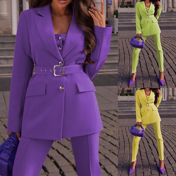 Look da ufficio alla moda Tuta da donna elegante carriera casual senza spalline tuta pantalone con maniche regolari pantaloni lunghi tinta unita viola giallo verde