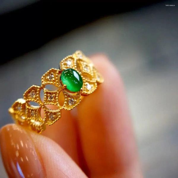 Anelli a grappolo Anello vuoto creativo unico del designer Diamanti intarsiati in argento pieno di calcedonio verde Apertura ovale regolabile