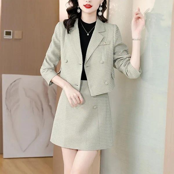 Vestido de duas peças insozkdg vintage blazer saia conjunto feminino sólido elegante casual mini terno feminino botão coreano designer