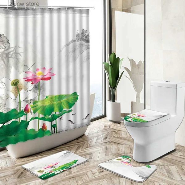 Tende da doccia Cinese Fiore di loto Tenda da doccia Zen Inchiostro Paesaggio Pittura Art Home Decor Tappetino da bagno Copriwater Flanella Tappeto da bagno Set Y240316