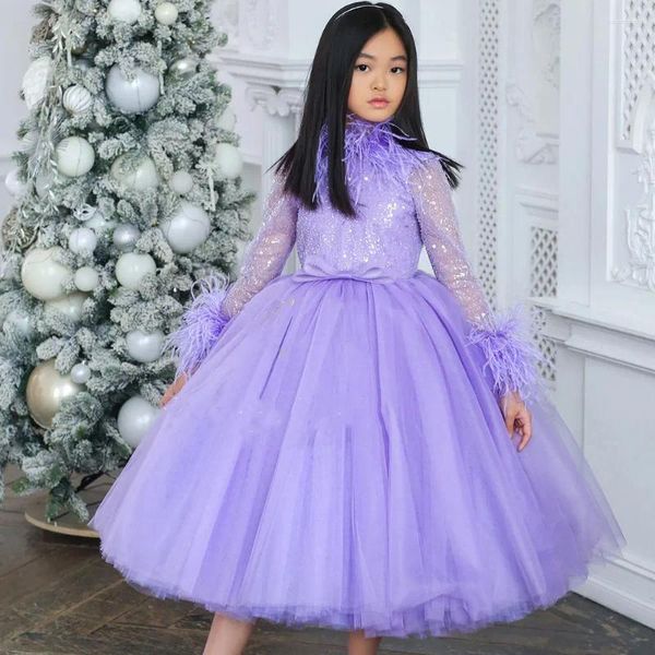 Mädchenkleider Jill Wish Luxus Arabisch Lila Kleid Federn Langarm Dubai Kinder Prinzessin Geburtstag Hochzeit Party Ballkleid 2024 J371