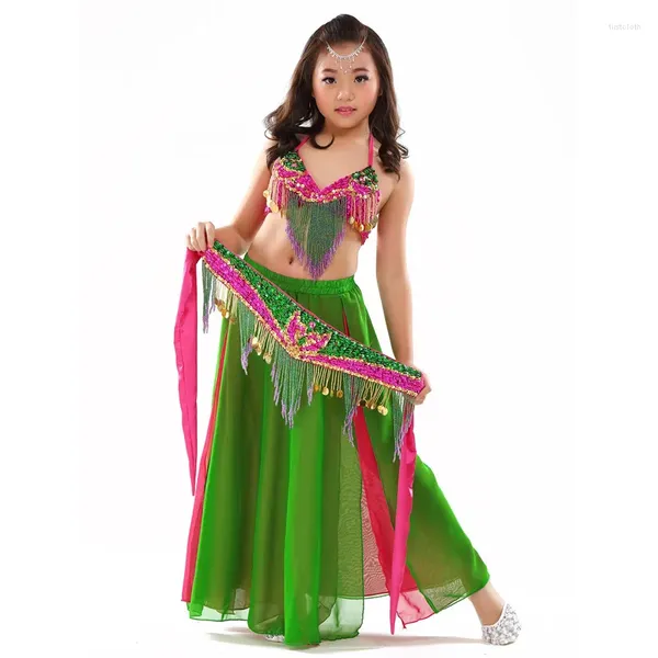 Stage Wear Hight Quality Crianças Meninas Prática Traje Frisado Bra Dois Tons Vestido Belly Dance Set