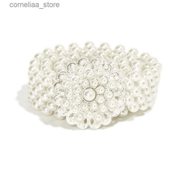 Cintos Europa e Estados Unidos Cinto de Pérola Menina Pérola Flor Strass Adorno Elástico Cadeia de Cintura com DressY240316 Branco